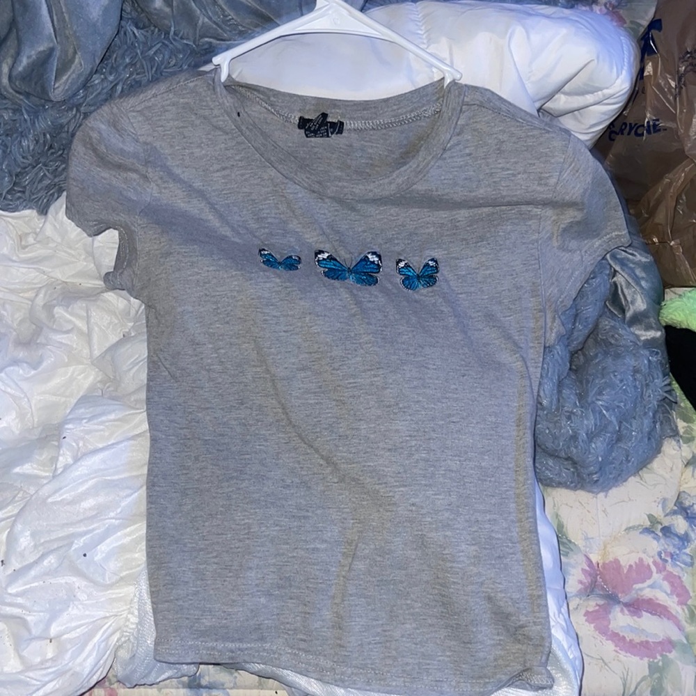 blue butterfly rue 21 crop top/ mini shirt